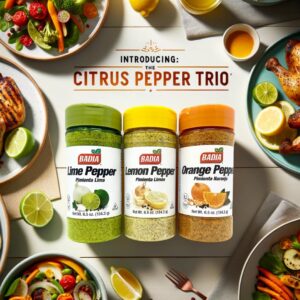 Badia Citrus Pepper Bundle - Lemon Pepper 6.5 Oz, Orange Pepper 6.5 Oz, Lime Pepper 6.5 Oz - Qbin Recipe Card - Variety Pack of 3