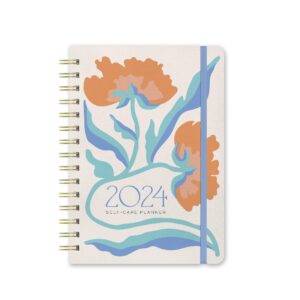 orange circle studio 2024 self care planner, gratitude journal, spiral notebook with wellness tracker, 17-month wire-o bound calendar book, monthly and weekly spread views, floral flow