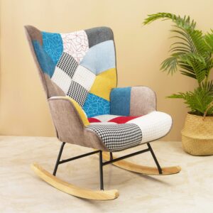 lifesky comfy modern rocking chair - linen fabric patchwork glider chairs - rocker chair for bedroom living room colorful