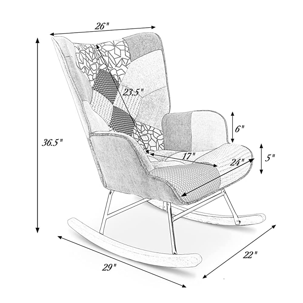 LifeSky Comfy Modern Rocking Chair - Linen Fabric Patchwork Glider Chairs - Rocker Chair for Bedroom Living Room Colorful