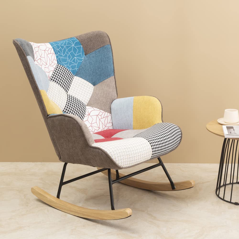 LifeSky Comfy Modern Rocking Chair - Linen Fabric Patchwork Glider Chairs - Rocker Chair for Bedroom Living Room Colorful