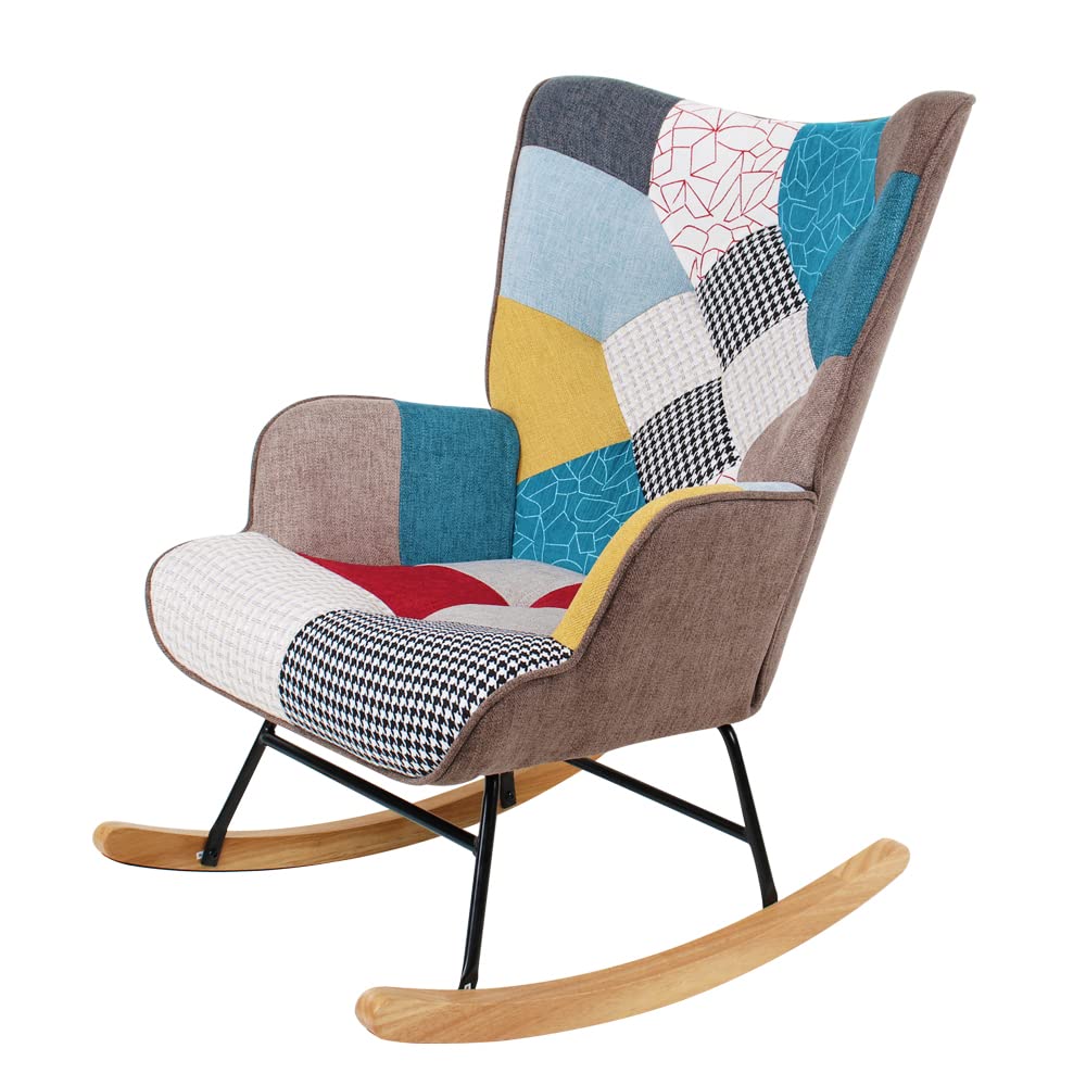 LifeSky Comfy Modern Rocking Chair - Linen Fabric Patchwork Glider Chairs - Rocker Chair for Bedroom Living Room Colorful