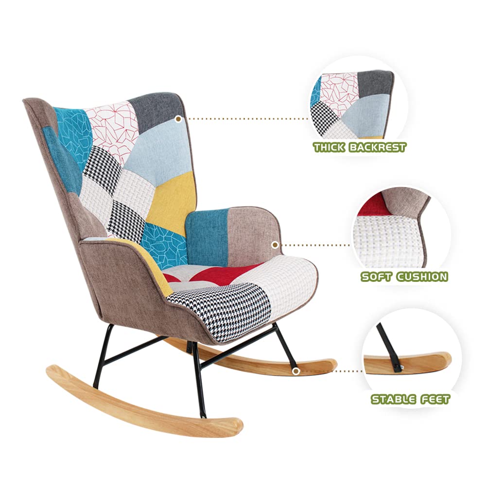 LifeSky Comfy Modern Rocking Chair - Linen Fabric Patchwork Glider Chairs - Rocker Chair for Bedroom Living Room Colorful