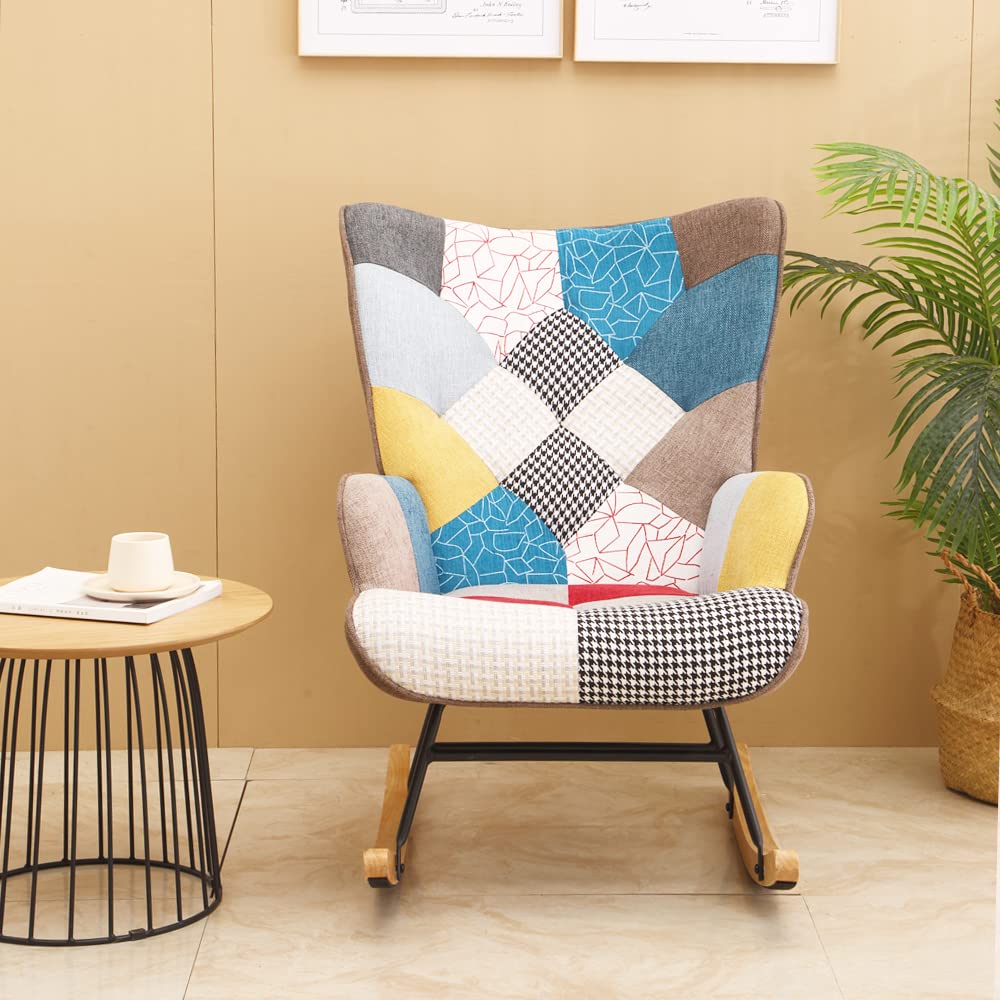 LifeSky Comfy Modern Rocking Chair - Linen Fabric Patchwork Glider Chairs - Rocker Chair for Bedroom Living Room Colorful