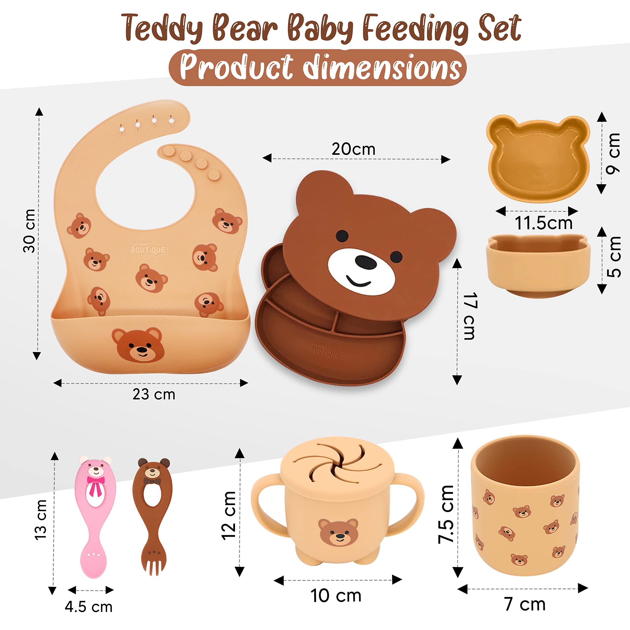 THE BABY BOUTIQUE Baby Led Weaning Supplies - 7 PCS Teddy Bear Silicone Baby Feeding Set : Suction bowl, Baby utensils, Plate, Bib, Snack cup and Drinking cup - Perfect Complement for Nutribullet Baby