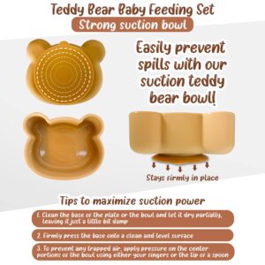 THE BABY BOUTIQUE Baby Led Weaning Supplies - 7 PCS Teddy Bear Silicone Baby Feeding Set : Suction bowl, Baby utensils, Plate, Bib, Snack cup and Drinking cup - Perfect Complement for Nutribullet Baby