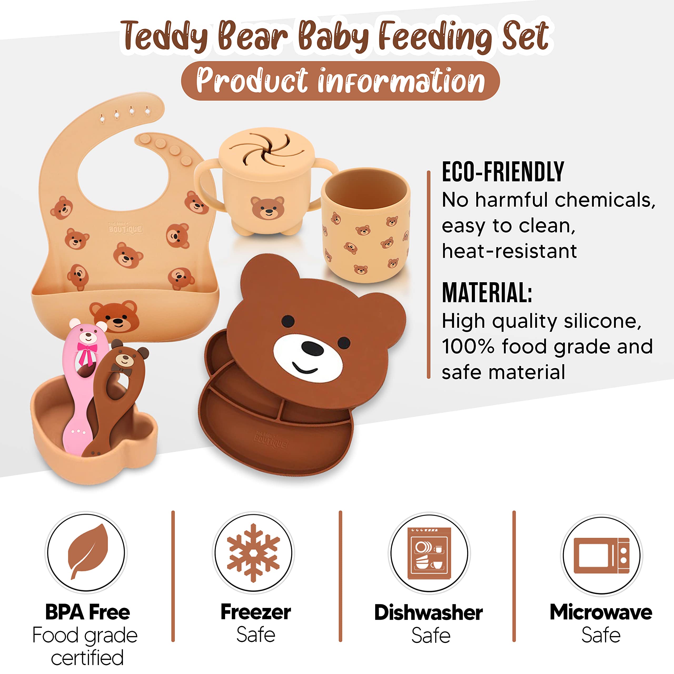 THE BABY BOUTIQUE Baby Led Weaning Supplies - 7 PCS Teddy Bear Silicone Baby Feeding Set : Suction bowl, Baby utensils, Plate, Bib, Snack cup and Drinking cup - Perfect Complement for Nutribullet Baby