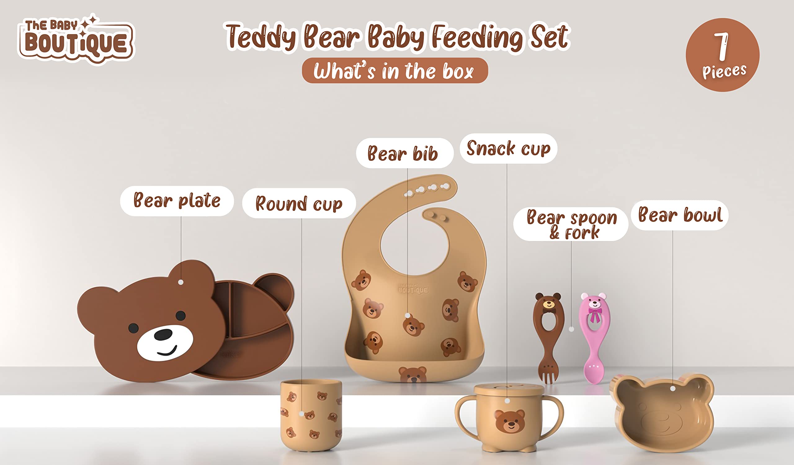 THE BABY BOUTIQUE Baby Led Weaning Supplies - 7 PCS Teddy Bear Silicone Baby Feeding Set : Suction bowl, Baby utensils, Plate, Bib, Snack cup and Drinking cup - Perfect Complement for Nutribullet Baby