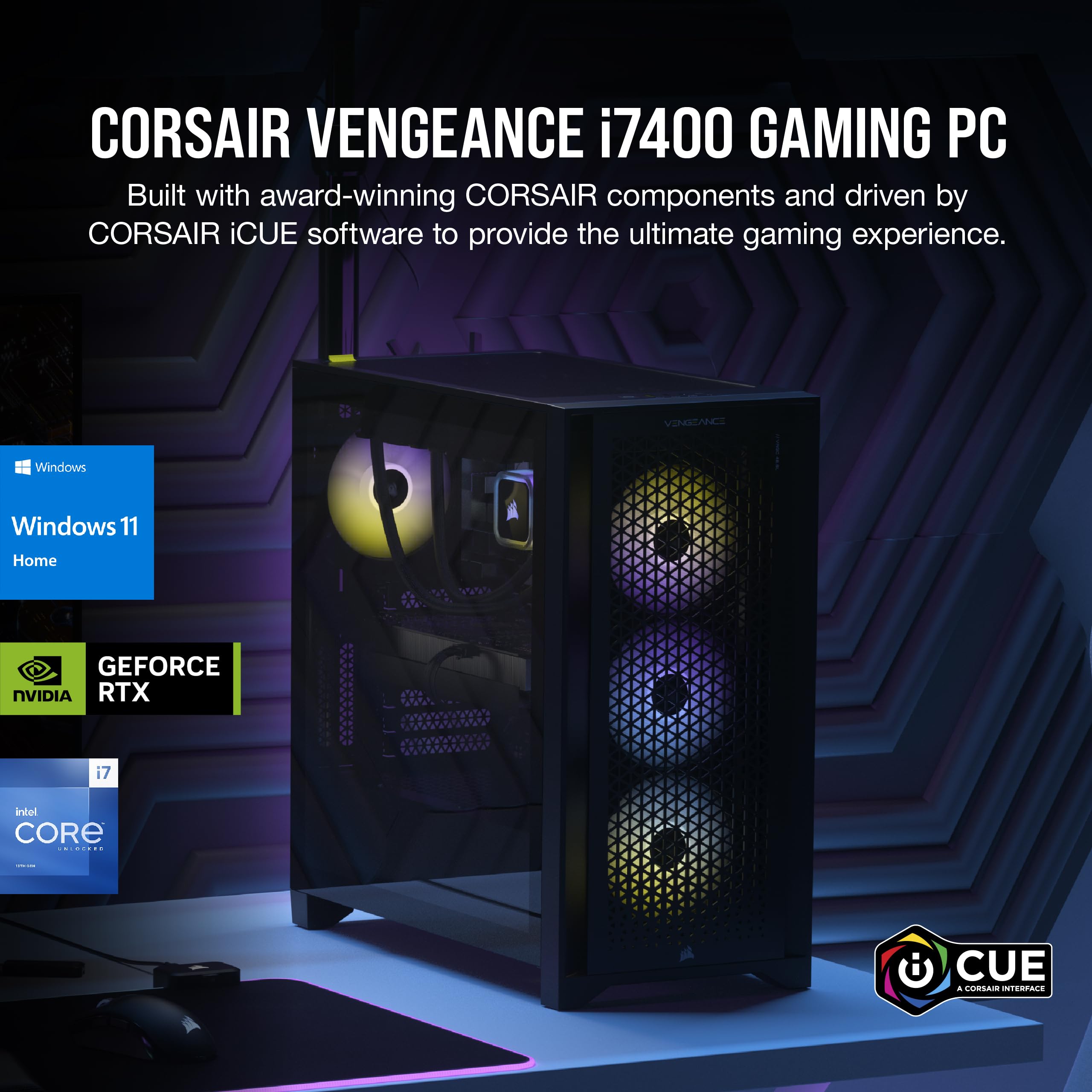 Corsair Vengeance i7400 Series Gaming PC - Liquid Cooled Intel® Core™ i7 13700K CPU - NVIDIA® GeForce RTX™ 4070 Graphics - 32GB Vengeance RGB DDR5 5600MHz Memory - 1TB M.2 NVMe SSD - Black