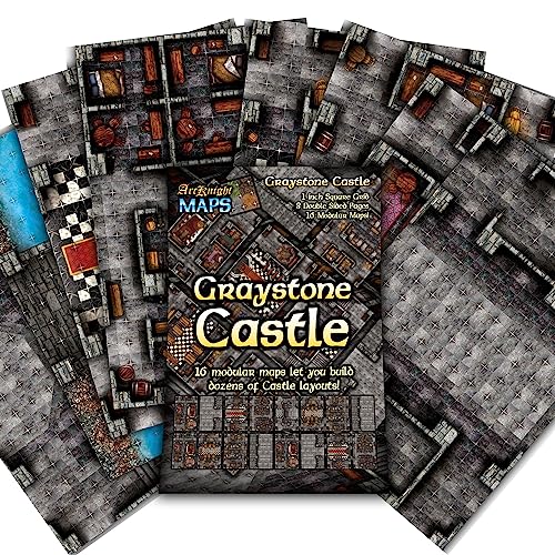 Arcknight The Graystone Castle Roleplaying Battlemaps; 16 Modular RPG Maps in 8 Double-Sided Pages, 1" Square Grid, Modular & Versatile Design for Tabletop Gaming - for D&D, Pathfinder and More