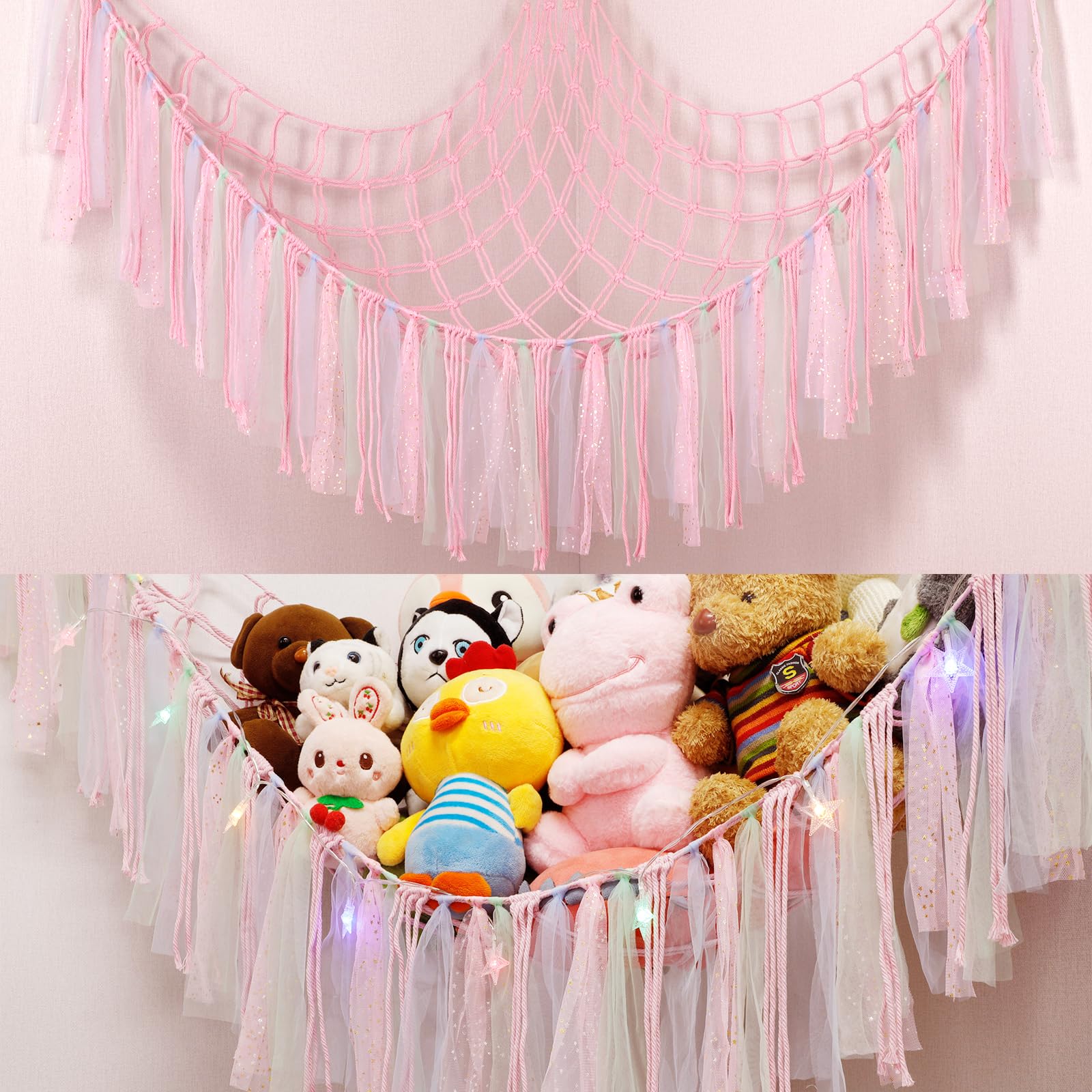 YELIENM Stuffed Animals Net or Hammock with LED Light, 59 inch Toy Hammock Net for Stuffed Animals Corner Hanging Stuffed Animal Storage Stuffed Animal Holder for Nursery Kids Bedroom (Pink)…