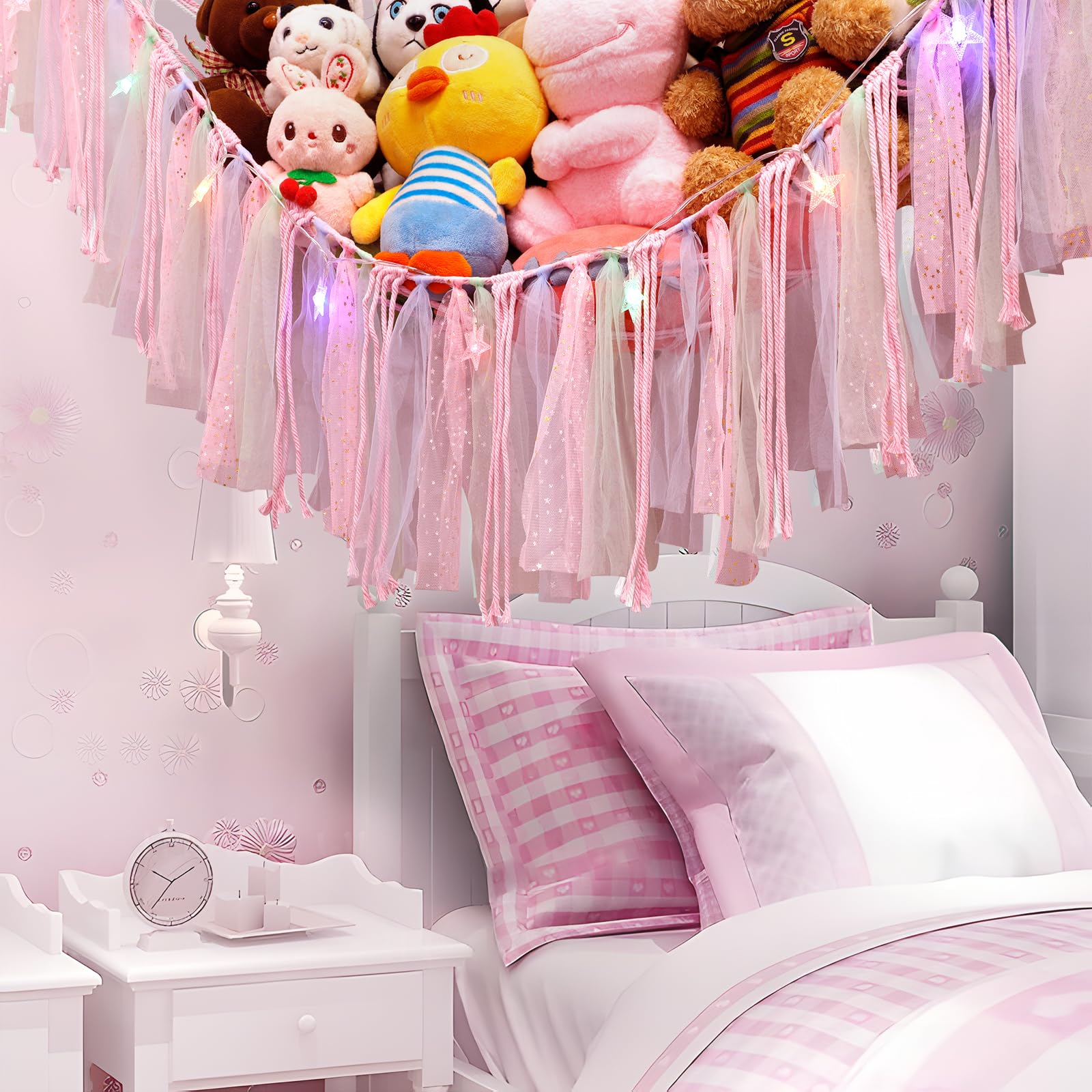 YELIENM Stuffed Animals Net or Hammock with LED Light, 59 inch Toy Hammock Net for Stuffed Animals Corner Hanging Stuffed Animal Storage Stuffed Animal Holder for Nursery Kids Bedroom (Pink)…