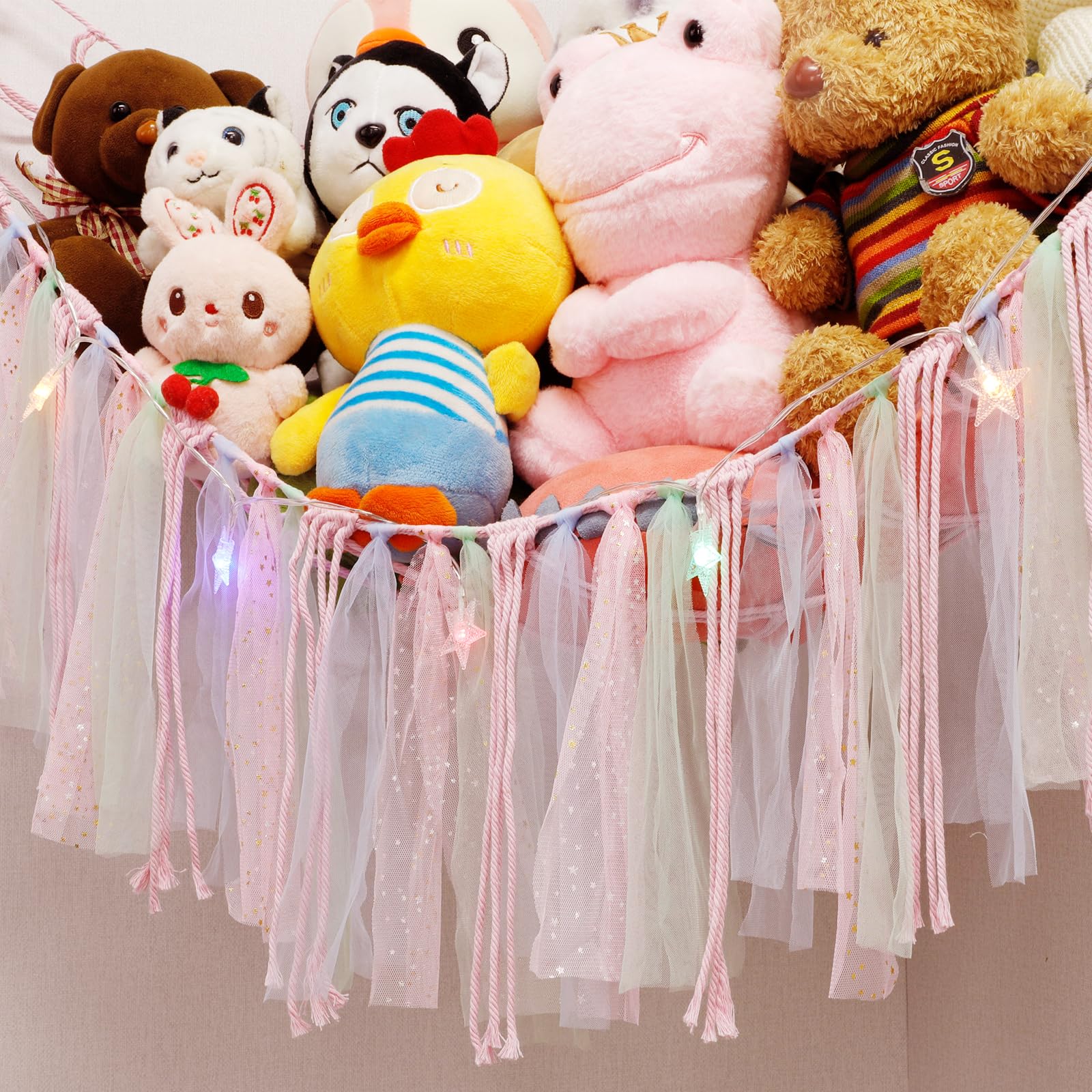 YELIENM Stuffed Animals Net or Hammock with LED Light, 59 inch Toy Hammock Net for Stuffed Animals Corner Hanging Stuffed Animal Storage Stuffed Animal Holder for Nursery Kids Bedroom (Pink)…