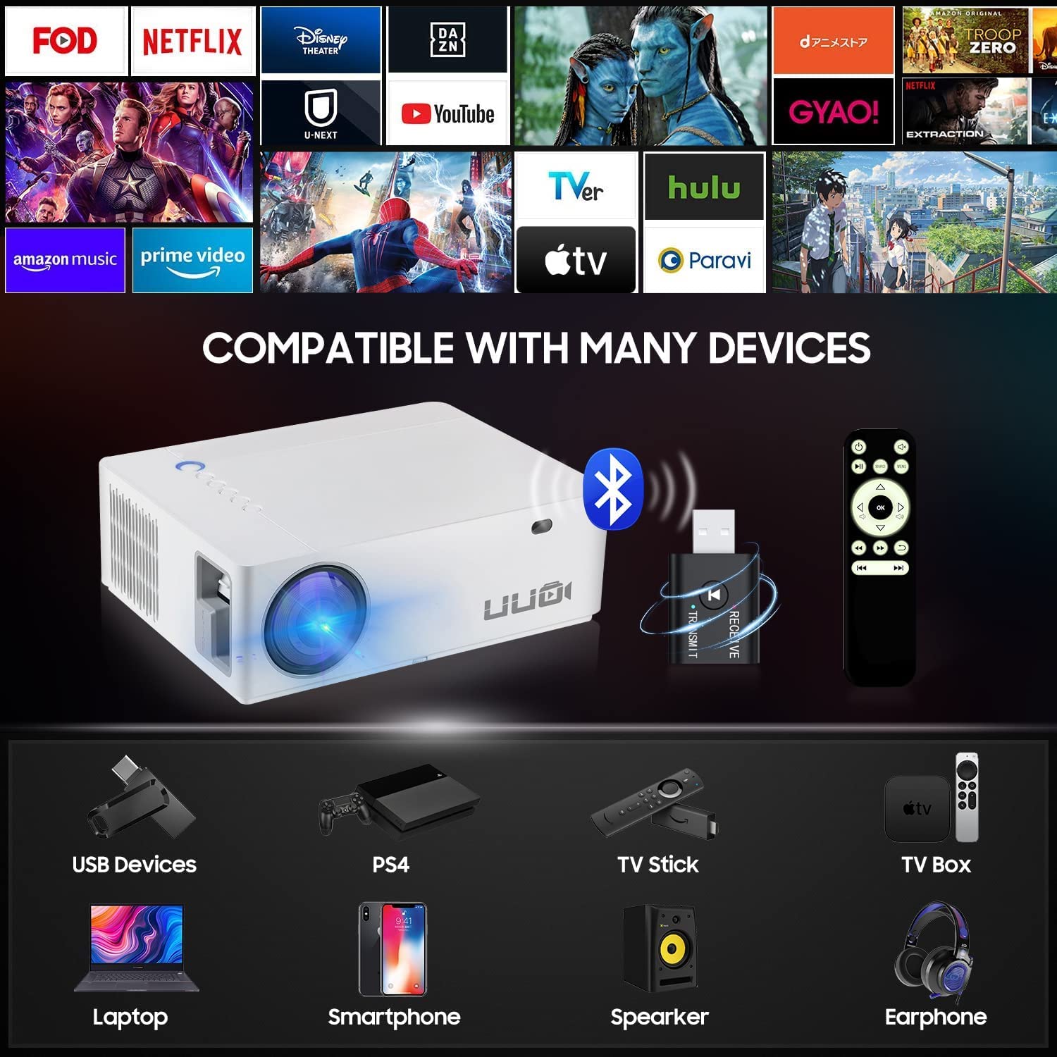 UUO Bluetooth Projector Upgraded 1080P Native Projector, Support 4K Video 300" Display Zoom ±50° Keystone,Compatible with TV Stick,PS4,X-Box,Laptop,iPhone Android for Home Theater(Brushed Silver)