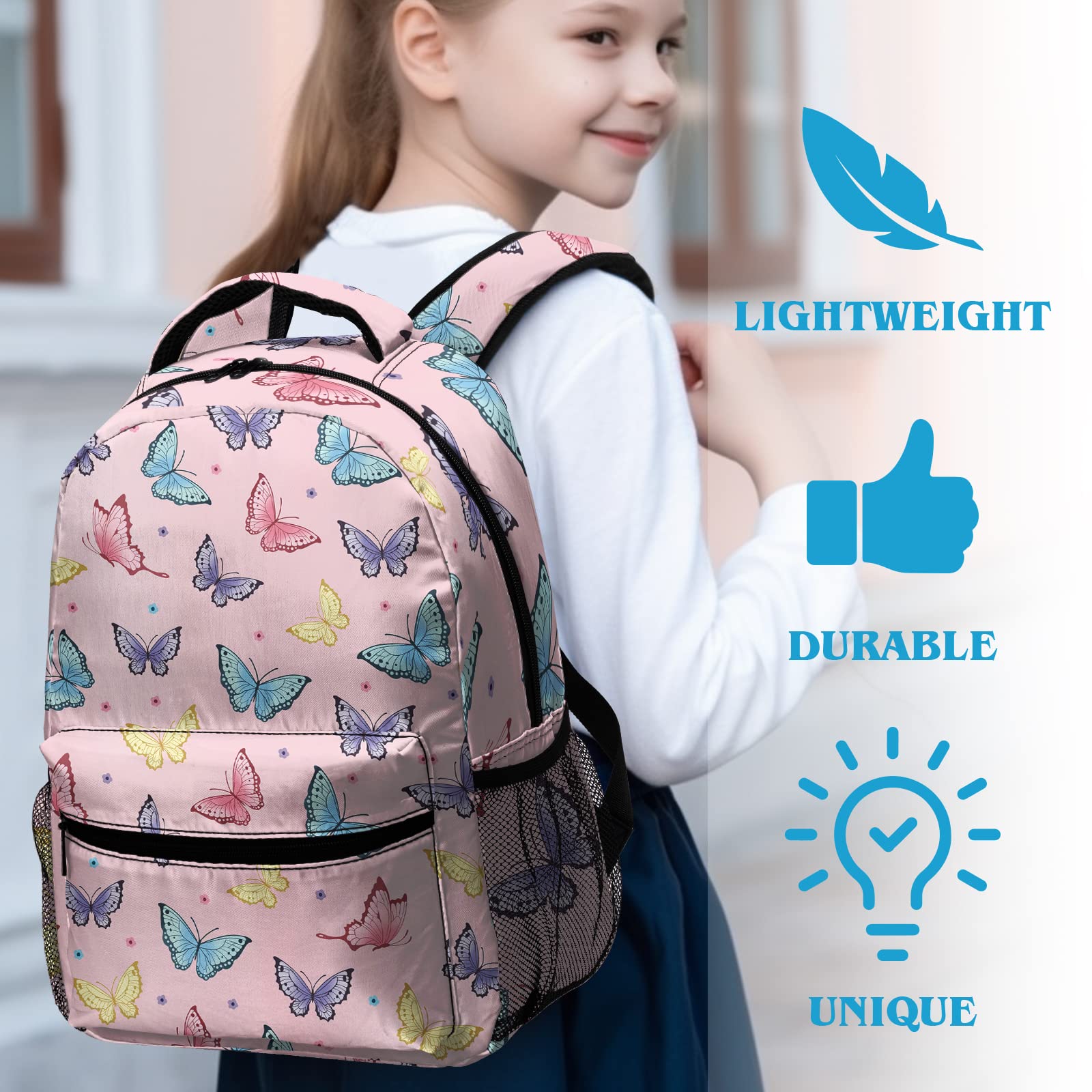 Dacawin Pink Butterfly Backpack for Girls Lightweight Fashion School Bookbag Casual Daypack Backpacks for Teens Kids Toddler