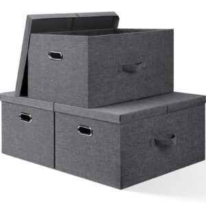 bellzacasa extra large collapsible storage bins with lids, 3 pack linen fabric foldable storage bin cube with 4 handles, storage baskets box for home, office, closet, gray, 22.8x15.7x11.8”