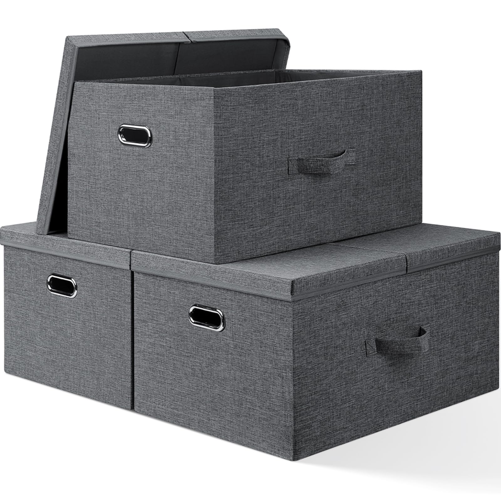 Bellzacasa Extra Large Collapsible Storage Bins with Lids, 3 Pack Linen Fabric Foldable Storage Bin Cube with 4 Handles, Storage Baskets Box for Home, Office, Closet, Gray, 22.8x15.7x11.8”