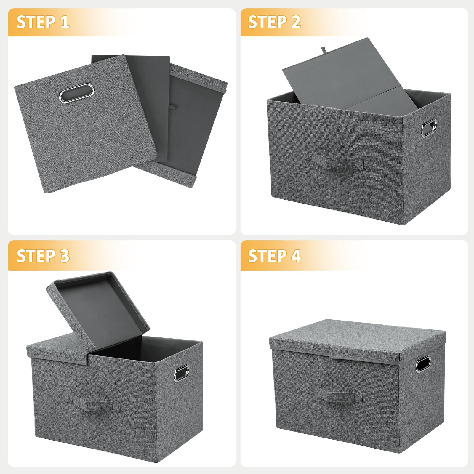 Bellzacasa Extra Large Collapsible Storage Bins with Lids, 3 Pack Linen Fabric Foldable Storage Bin Cube with 4 Handles, Storage Baskets Box for Home, Office, Closet, Gray, 22.8x15.7x11.8”