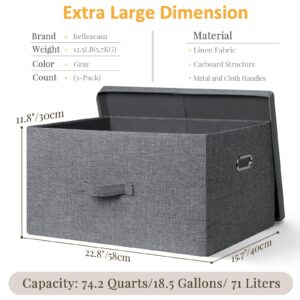 Bellzacasa Extra Large Collapsible Storage Bins with Lids, 3 Pack Linen Fabric Foldable Storage Bin Cube with 4 Handles, Storage Baskets Box for Home, Office, Closet, Gray, 22.8x15.7x11.8”