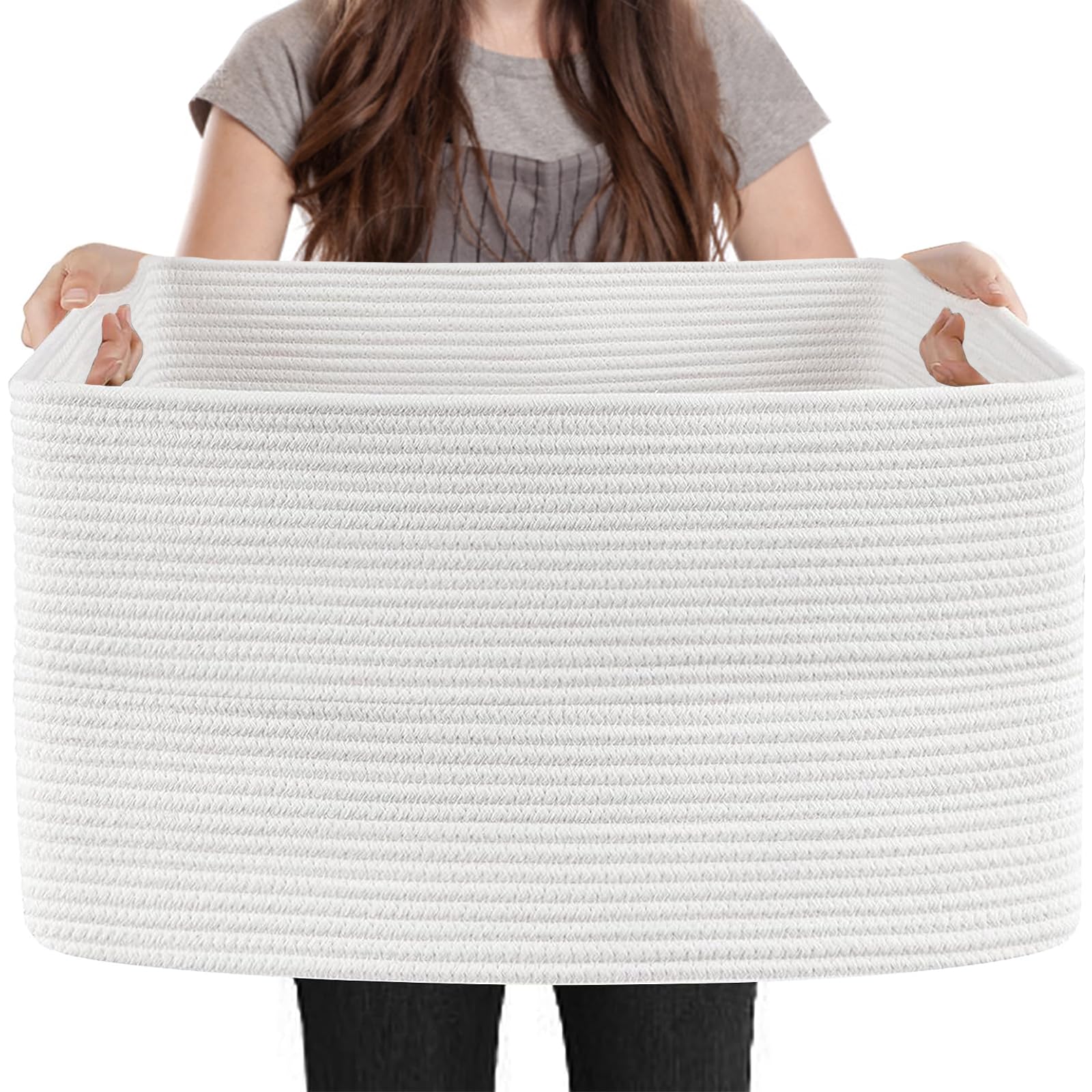 MEGASKET Extra Large White Storage Basket, 23.6" x 15.7" x 14.1" Rectangle Blanket Basket Living Room, Woven Cotton Rope Basket, Toy Basket Bins, XXXL Baskets for Organizing, Wicker Laundry Baskets