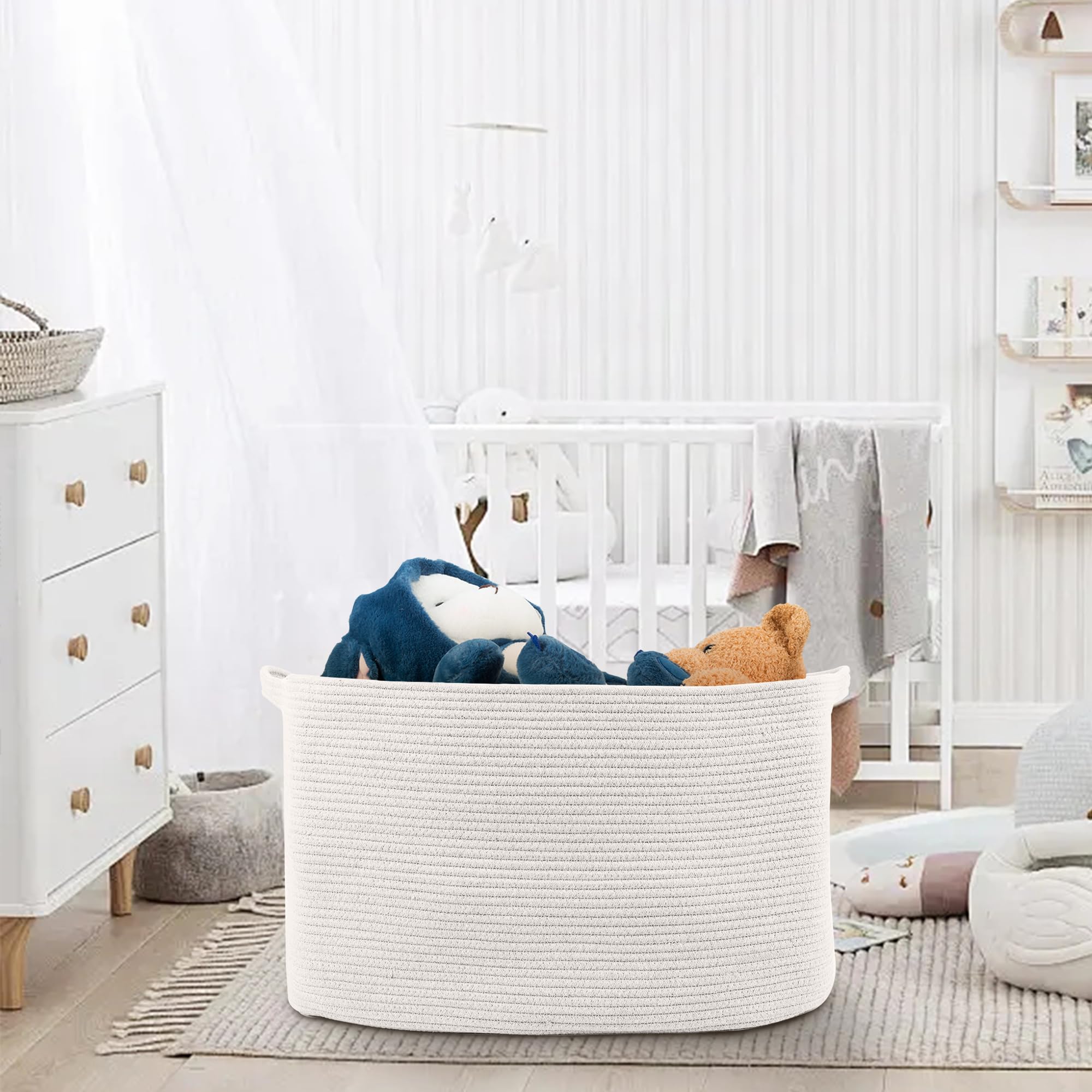 MEGASKET Extra Large White Storage Basket, 23.6" x 15.7" x 14.1" Rectangle Blanket Basket Living Room, Woven Cotton Rope Basket, Toy Basket Bins, XXXL Baskets for Organizing, Wicker Laundry Baskets