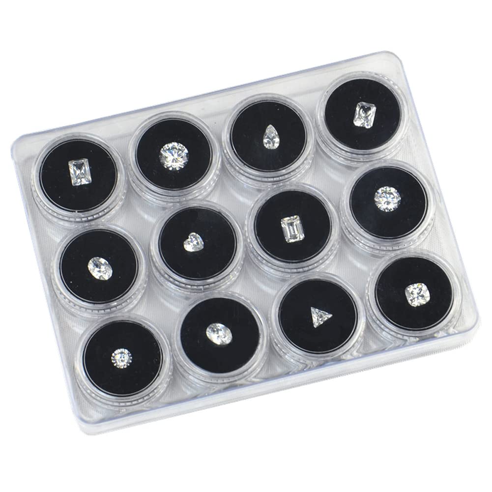 luzen 12Pcs Small Loose Diamond Gemstone Display Box Empty Round Jewelry Show Box Clear Top Lids Sponge Filled Box Case Container Holder with Plastic Storage Box, Black