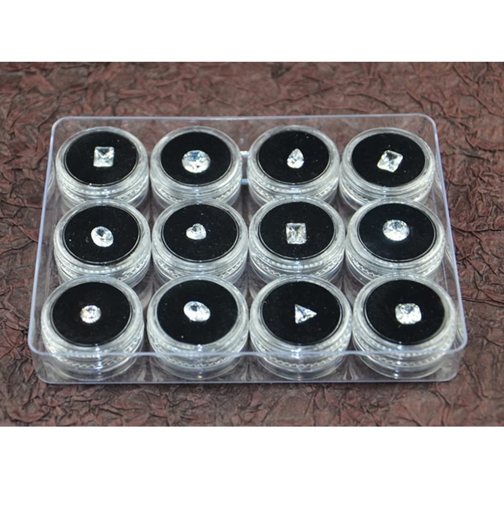 luzen 12Pcs Small Loose Diamond Gemstone Display Box Empty Round Jewelry Show Box Clear Top Lids Sponge Filled Box Case Container Holder with Plastic Storage Box, Black