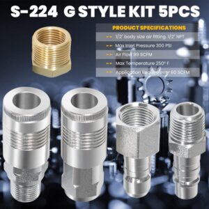 1/2" NPT G Style Air Coupler Plug and Air hose Fittings Reducer Bushing Kit S-224 For require more than 60 SCFM (5pcs)