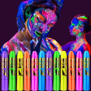 12 pieces glow body face paint,neon glow in the black light face painting kits makeup for kids adult halloween and parties