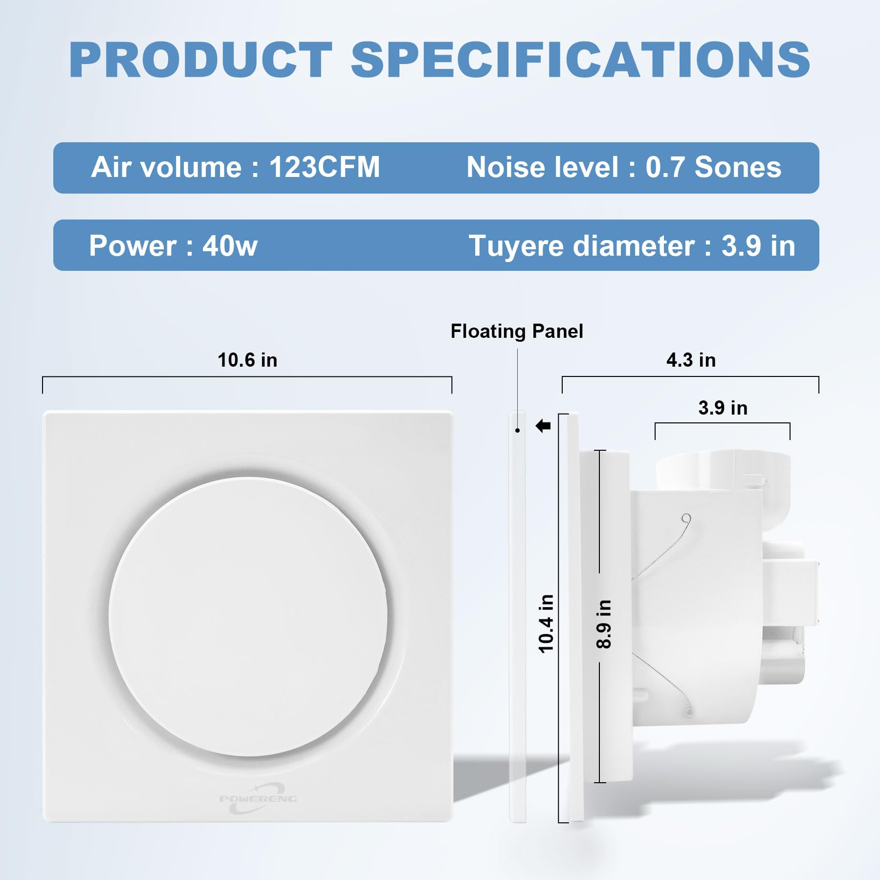 POWERENG Bathroom Fan Ultra-Quiet Bathroom Ventilation, Exhaust Fan,123CFM 0.7 Sones 40W,4 Inch Duct Collar,White,9 Inch Opening size,Easy to Install & Replace