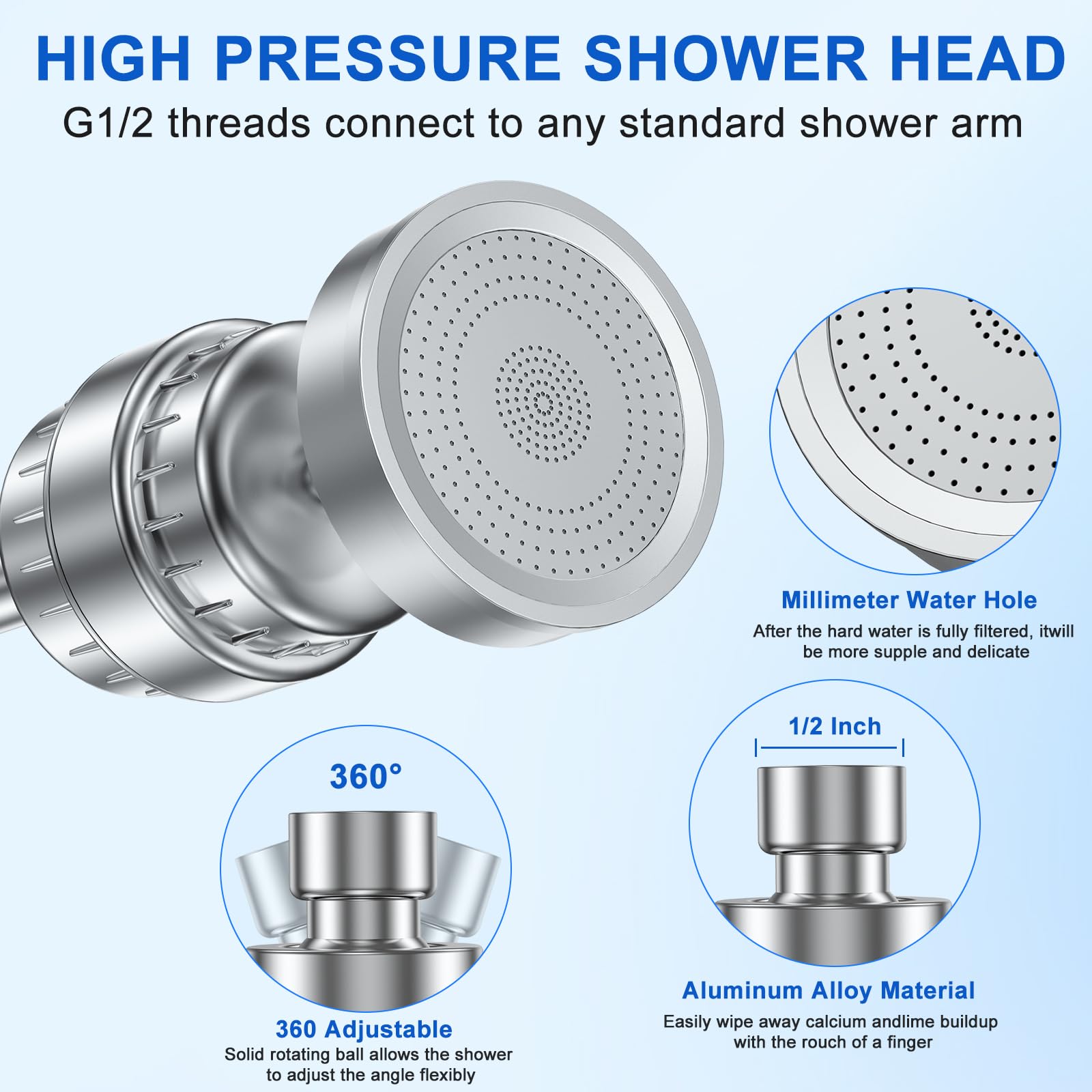 Filtered Shower Head, 20 Stage Shower Head Dual Filter for Hard Water, High Pressure Shower Head with Filters for Remove Chlorine and Harmful Substances (Silver)