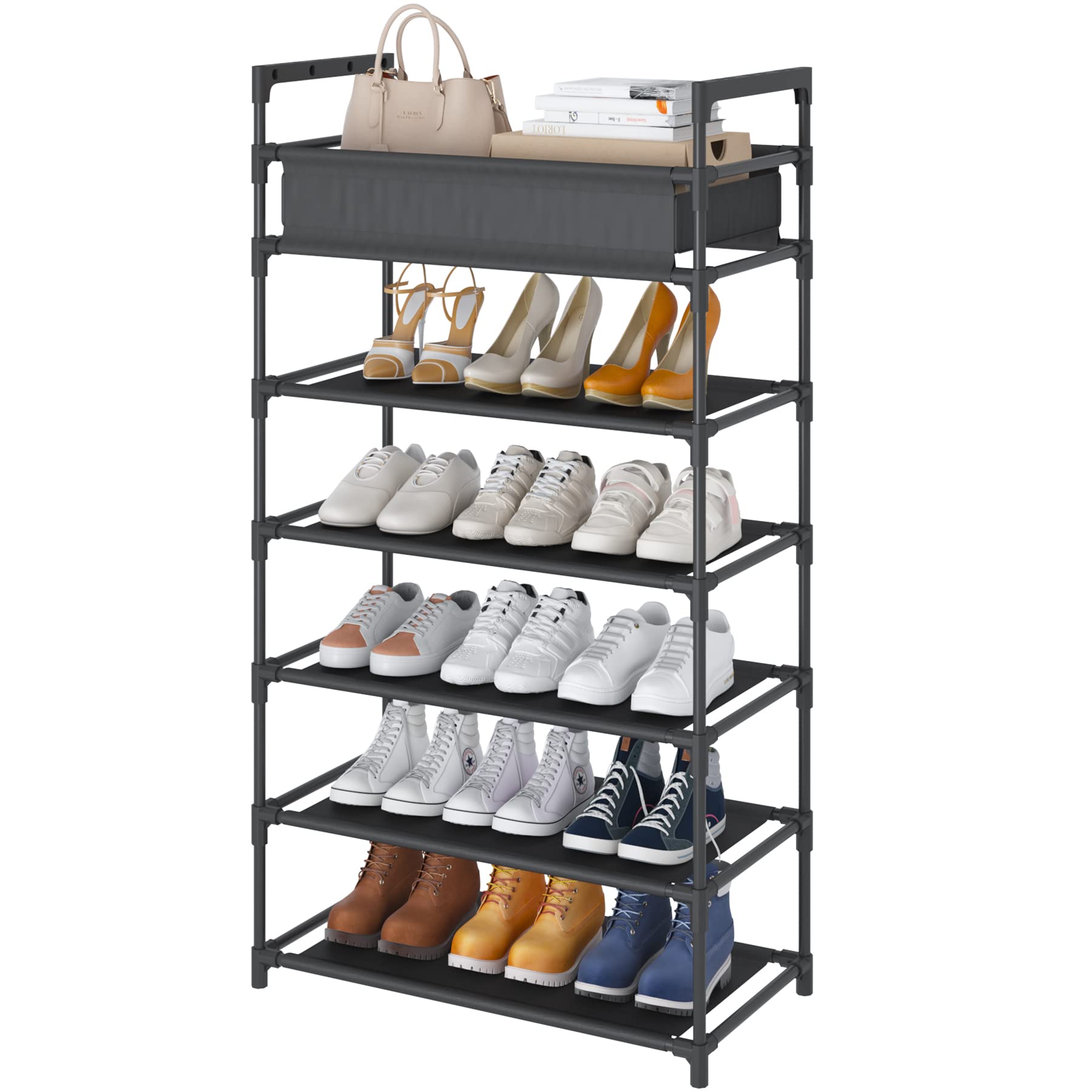 Boeeoan 6-Tier Stackable Shoe Rack Plus Storage Bag, Sturdy Shoe Shelf, Non-Woven Fabric Shoe Shelf with Storage Organizer, Black