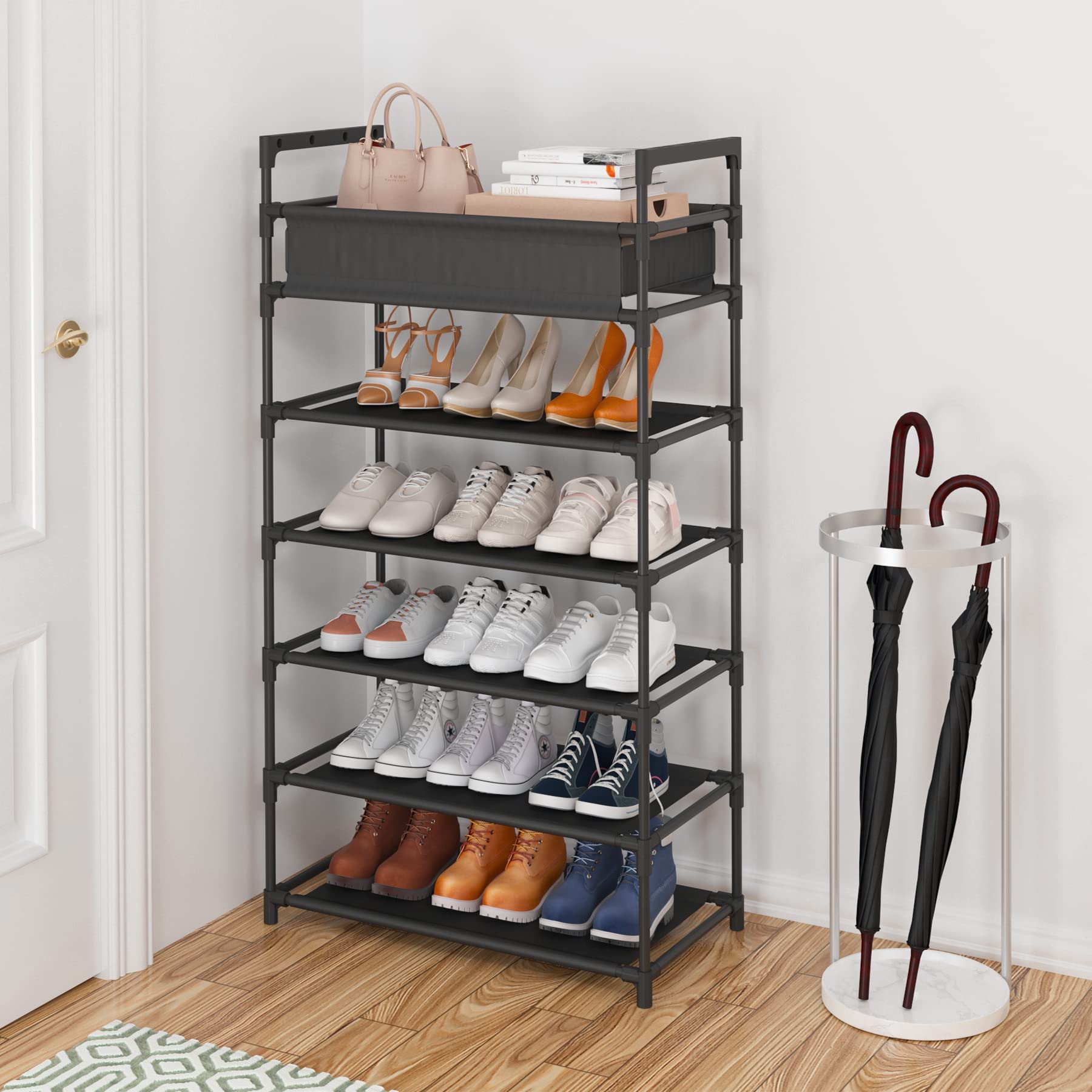 Boeeoan 6-Tier Stackable Shoe Rack Plus Storage Bag, Sturdy Shoe Shelf, Non-Woven Fabric Shoe Shelf with Storage Organizer, Black