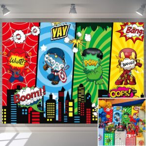 cartoon super heros backdrop birthday decorations city hero themed film fans kids family party decor cake table photography background photo booth props (7x5ft(210x150cm))
