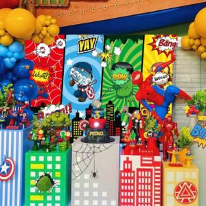 Cartoon Super Heros Backdrop Birthday Decorations City Hero Themed Film Fans Kids Family Party Decor Cake Table Photography Background Photo Booth Props (7x5FT(210x150cm))