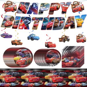 48pcs Cars Birthday Party Supplies Include Banner, Hanging Swirls, Plates, Napkin, Tablecloth for Cars Party Favors, Cars Party Decorations, Sever 10