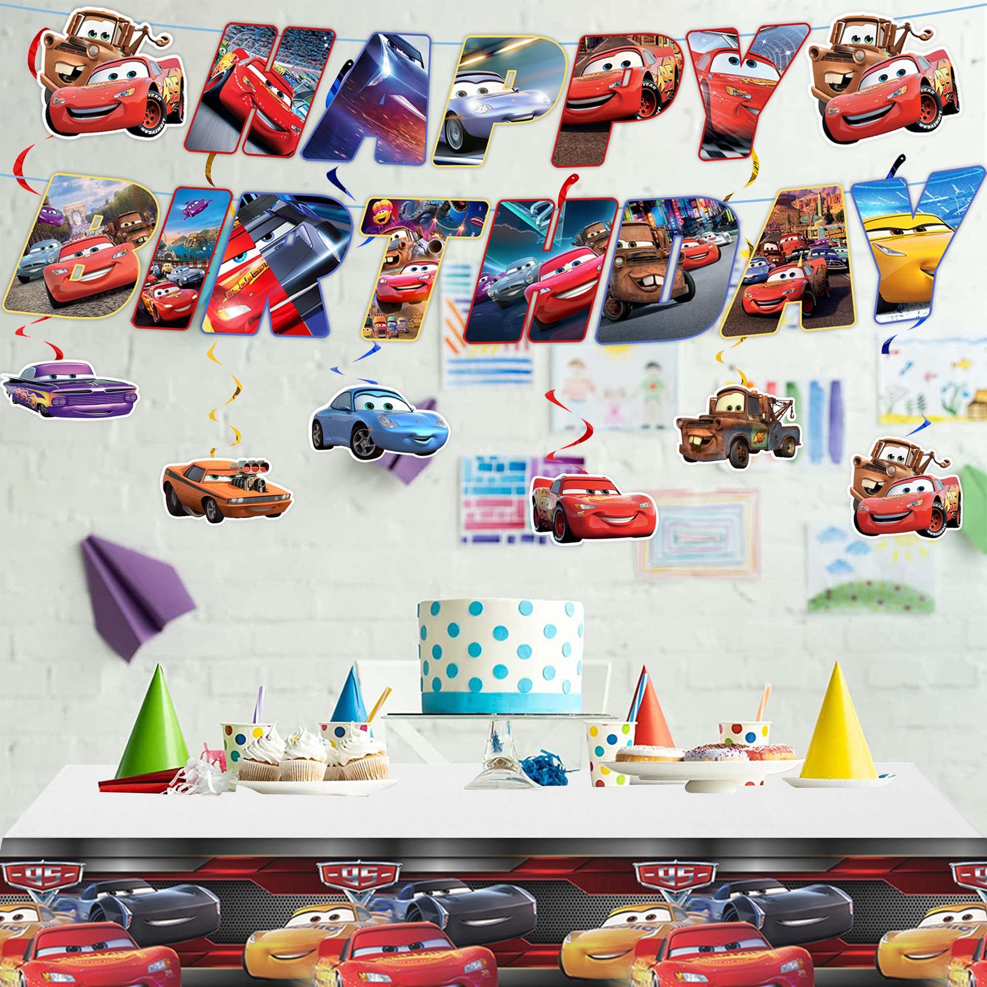 48pcs Cars Birthday Party Supplies Include Banner, Hanging Swirls, Plates, Napkin, Tablecloth for Cars Party Favors, Cars Party Decorations, Sever 10