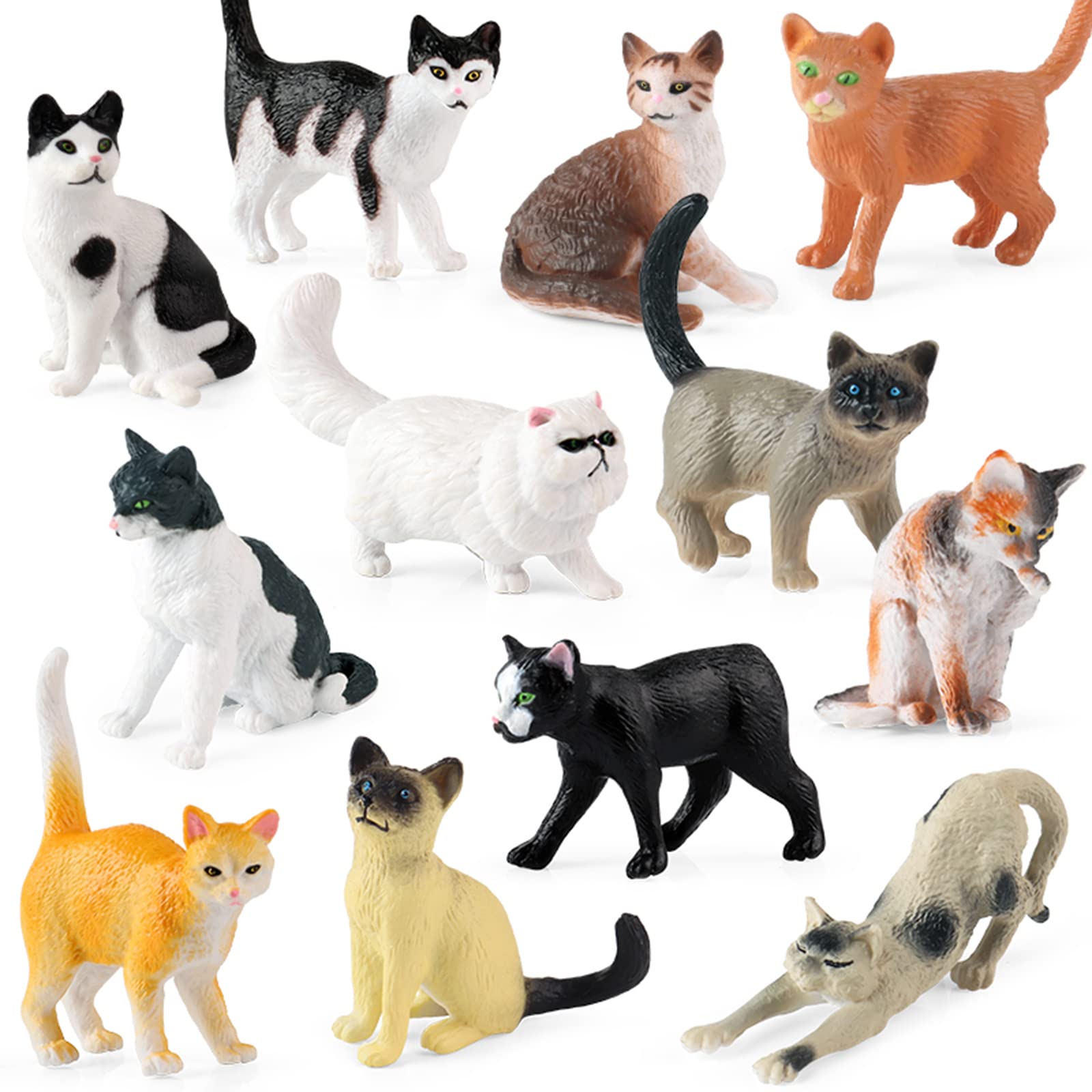 SCAHOW 12PCS Realistic Cat Figurines, Plastic Mini Cat Figures Toys, Kitten Miniature Toys Cake Topper Easter Eggs Christmas Birthday Gift for Kids Boys Girls