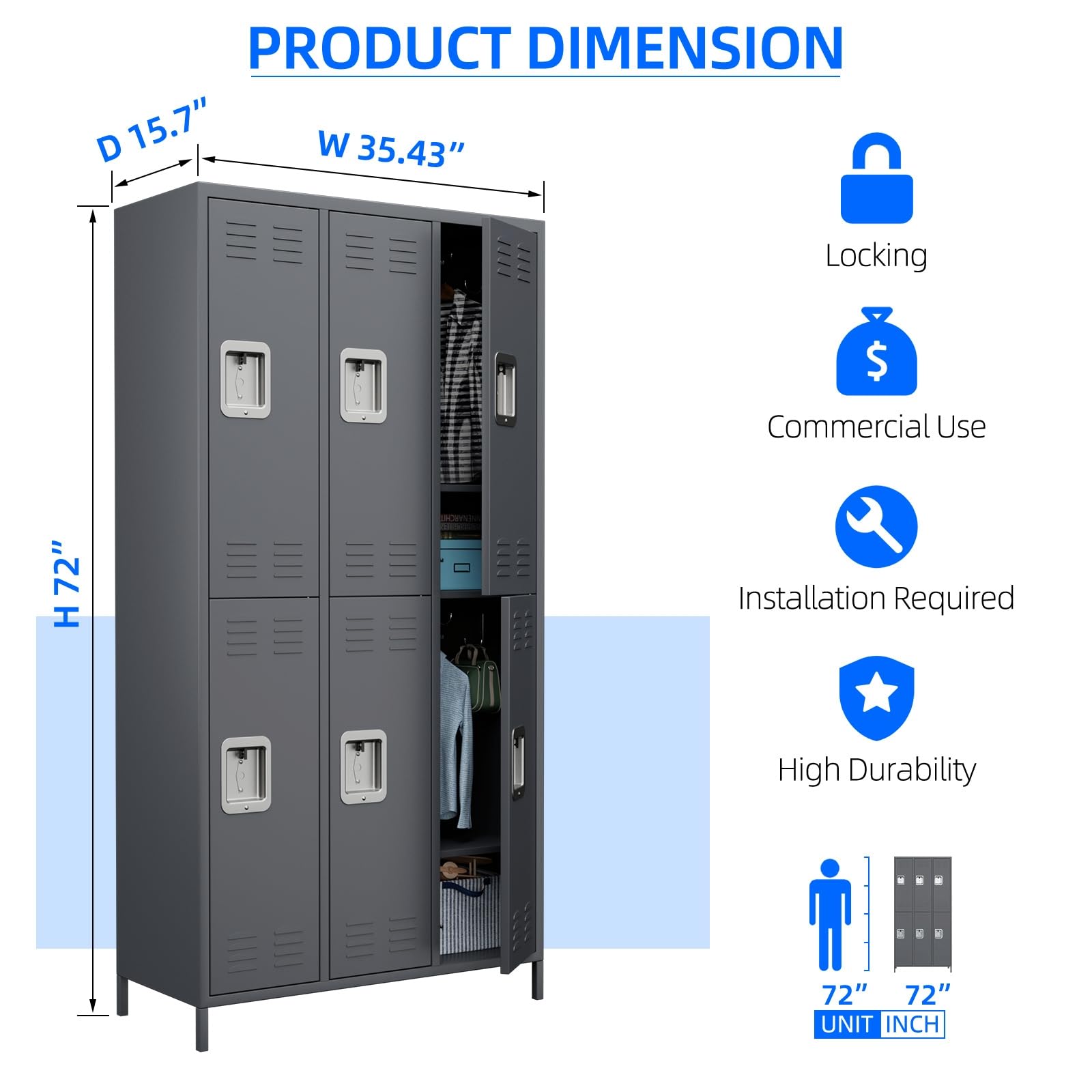 JAORD Metal Locker Storage Cabinet with 6 Doors, 72" Tall Locker for Employees, Steel Lockers for Home Office School Gym (Dark Gray)