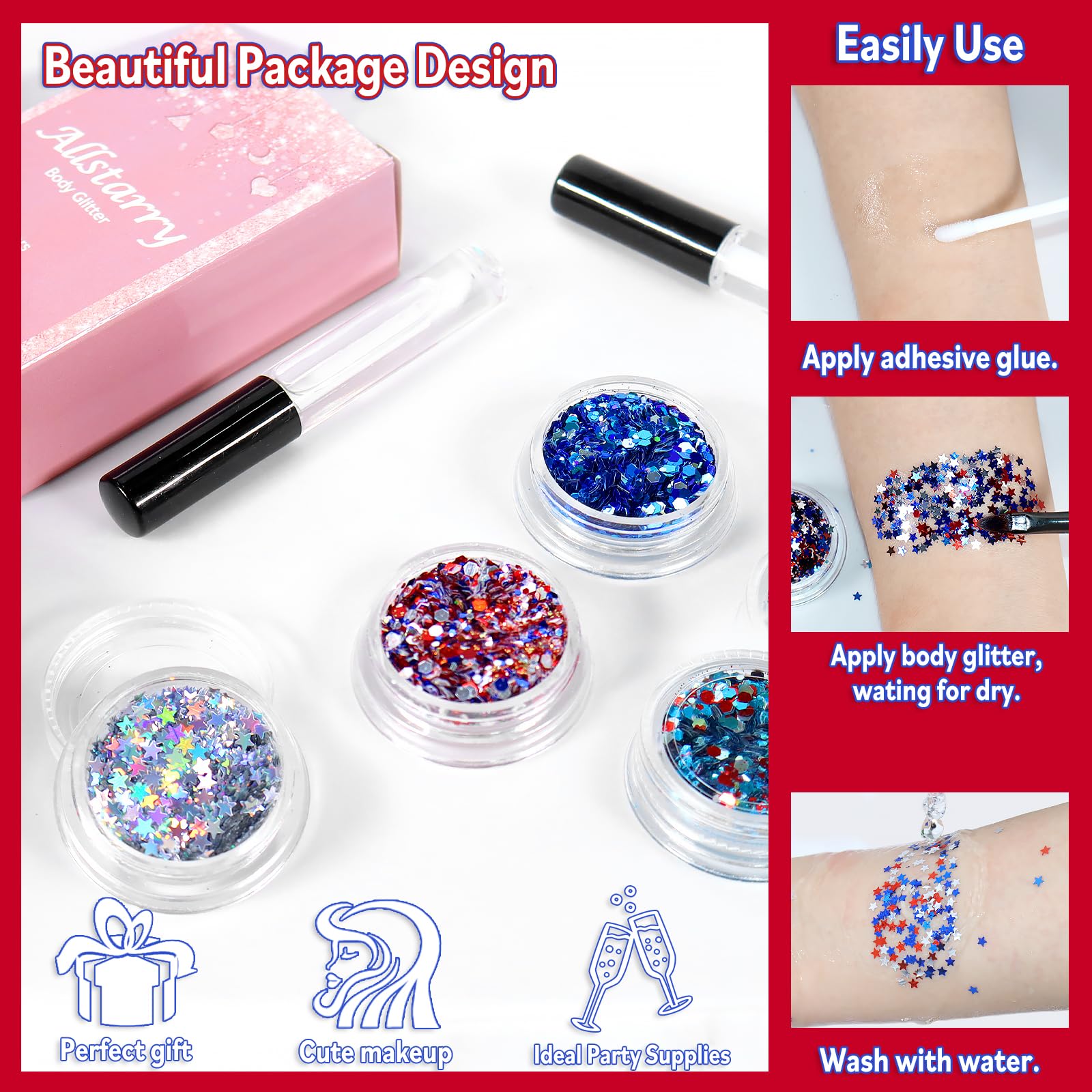 Allstarry Chunky Body Glitter 4 Colors Cosmetic Patriotic Face Glitter Independence Day Hair Sequins Sparkle Veterans Day Eye Flakes 4th of July Accessories for Women Face Paint Makeup Nails Art