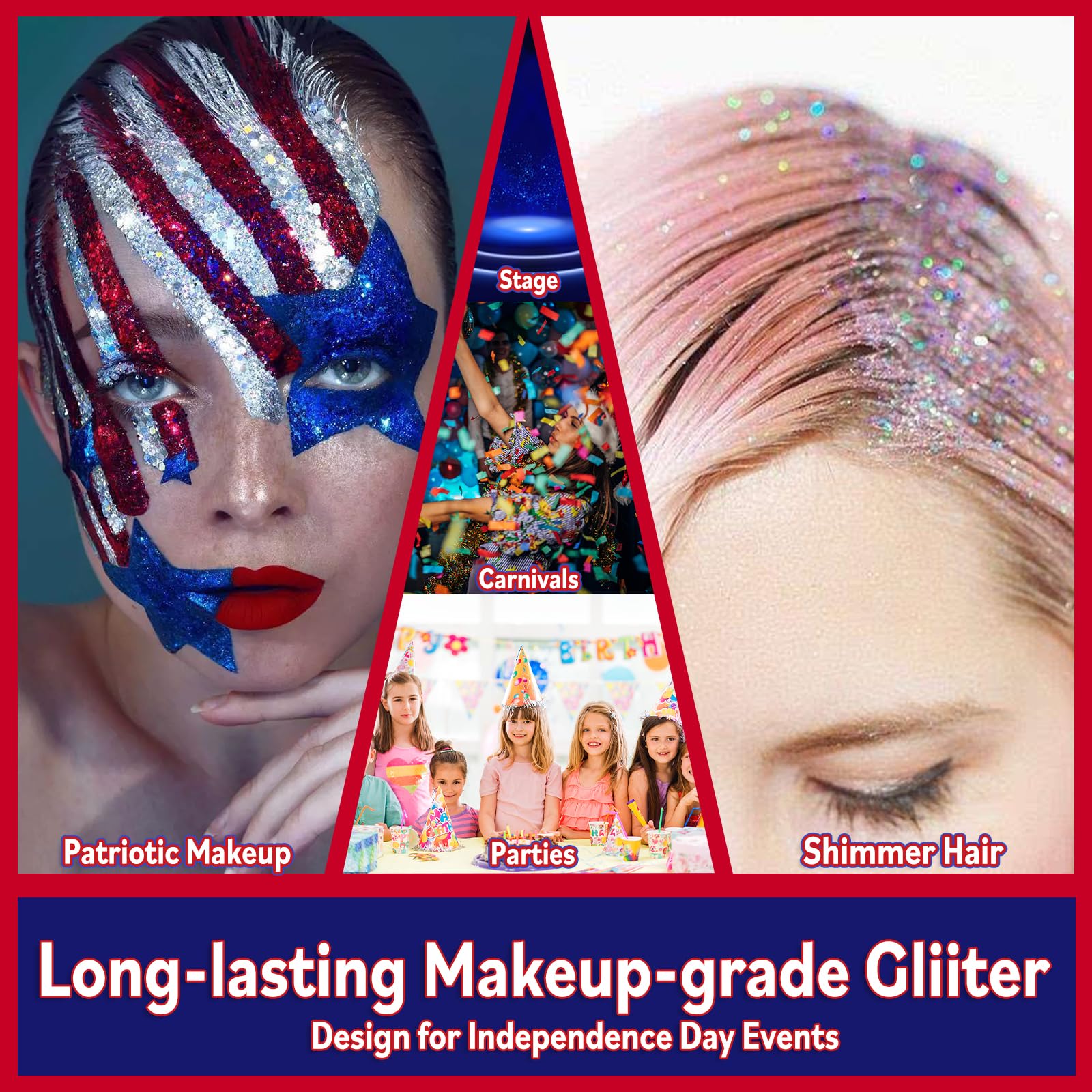 Allstarry Chunky Body Glitter 4 Colors Cosmetic Patriotic Face Glitter Independence Day Hair Sequins Sparkle Veterans Day Eye Flakes 4th of July Accessories for Women Face Paint Makeup Nails Art