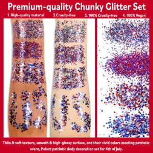 Allstarry Chunky Body Glitter 4 Colors Cosmetic Patriotic Face Glitter Independence Day Hair Sequins Sparkle Veterans Day Eye Flakes 4th of July Accessories for Women Face Paint Makeup Nails Art