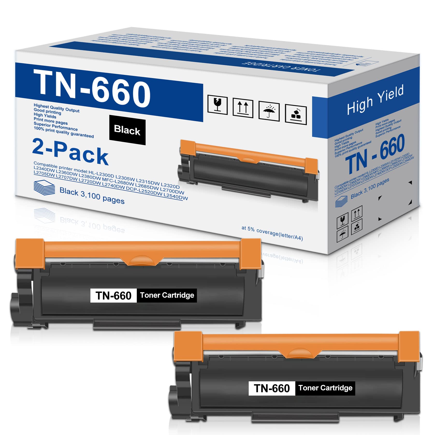 TN660 TN-660 High-Yield Toner Cartridge (2PK,Black) | Replacement for Brother HL-L2305W L2320D L2360DW L2380DW MFC-L2680W L2700DW L2707DW L2740DW DCP-L2520DW L2540DW Printer