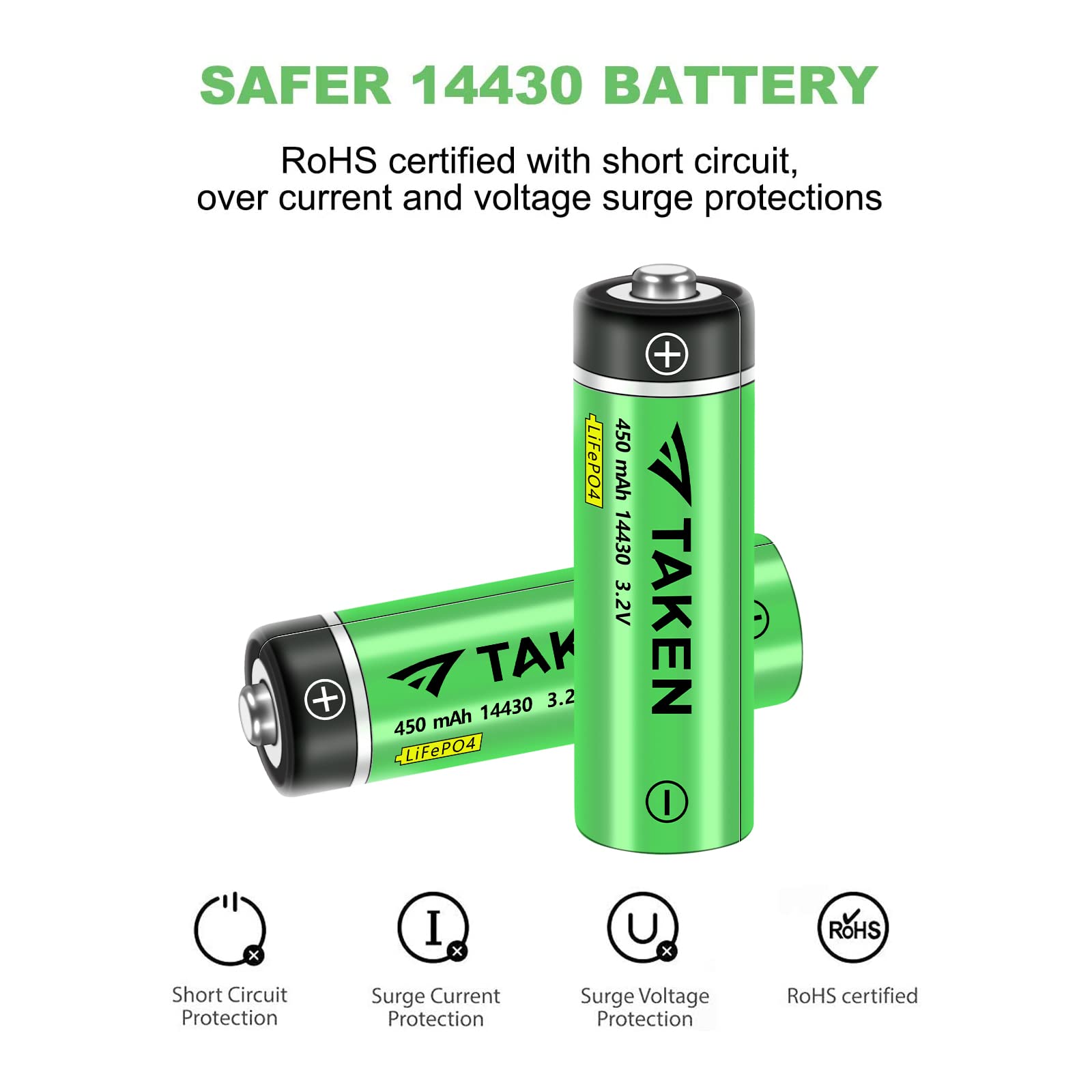 Taken 14430 3.2 Volt Rechargeable Solar Battery with Charger, 3.2V 450mAh 14430 LiFePO4 Rechargeable Battery for Solar Panel Outdoor Garden Lights, 12 Pack 14430 Battery with 4-Ports LiFePO4 Charger