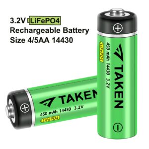 Taken 14430 3.2 Volt Rechargeable Solar Battery with Charger, 3.2V 450mAh 14430 LiFePO4 Rechargeable Battery for Solar Panel Outdoor Garden Lights, 12 Pack 14430 Battery with 4-Ports LiFePO4 Charger
