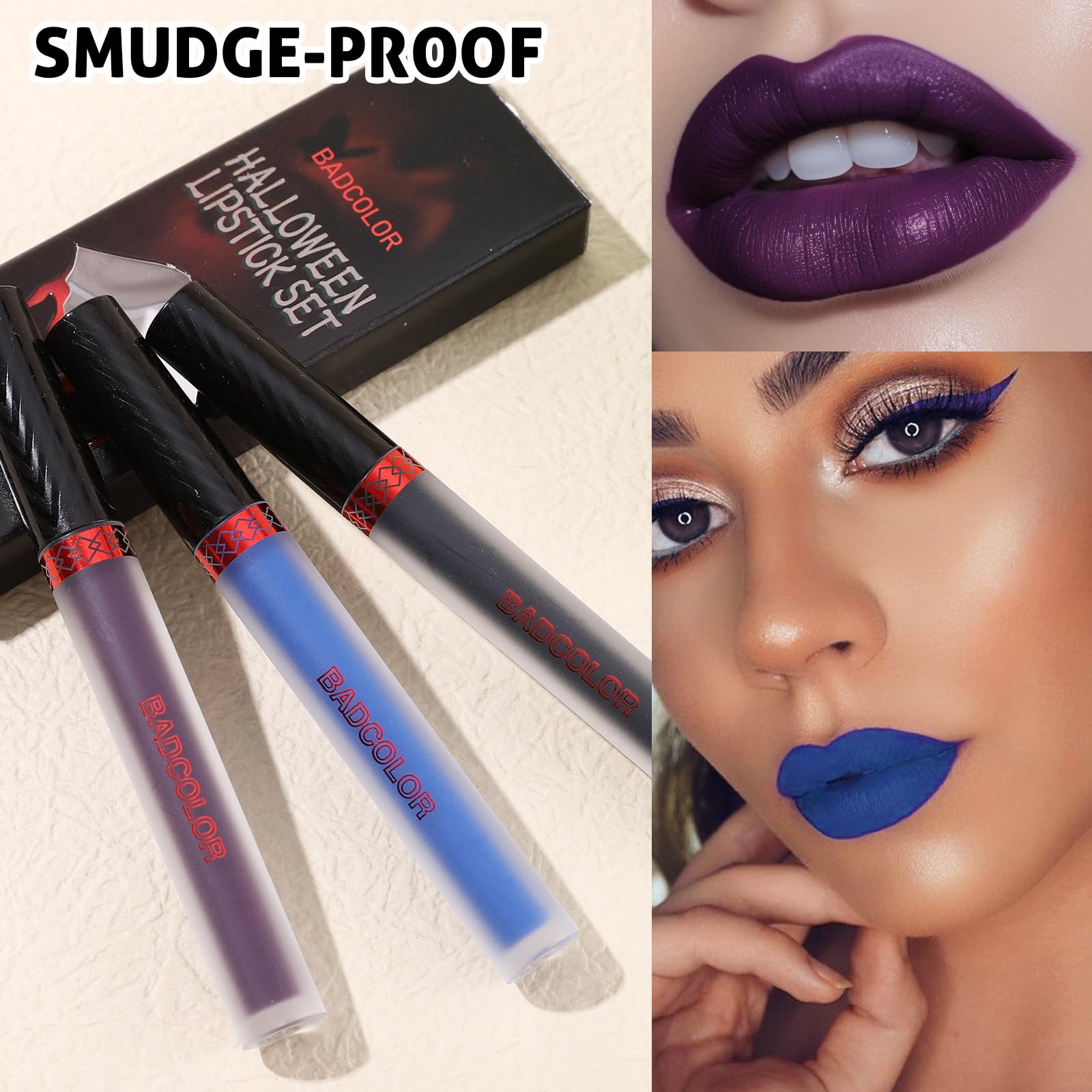 BADCOLOR 3 Colors Matte Liquid Lipstick Set, 24-Hour Smudge Proof Permanent Dark Lipstick Waterproof Velvet Nonstick Cup Stain Lip Gloss Set, Halloween Makeup Lip Gloss Gift - Purple, Black, Blue