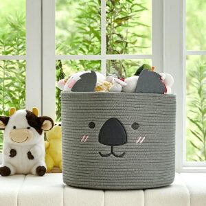 OMERAI Animal Baskets Cotton Rope Storage Basket Woven Toy Basket Large Basket for Blankets Cute Koala Basket with Handles Foldable Animal Laundry Basket Nursery Basket Organizer, 15"D x 12.6"H (Grey)