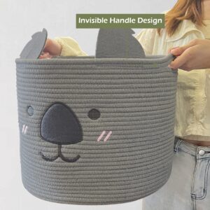 OMERAI Animal Baskets Cotton Rope Storage Basket Woven Toy Basket Large Basket for Blankets Cute Koala Basket with Handles Foldable Animal Laundry Basket Nursery Basket Organizer, 15"D x 12.6"H (Grey)