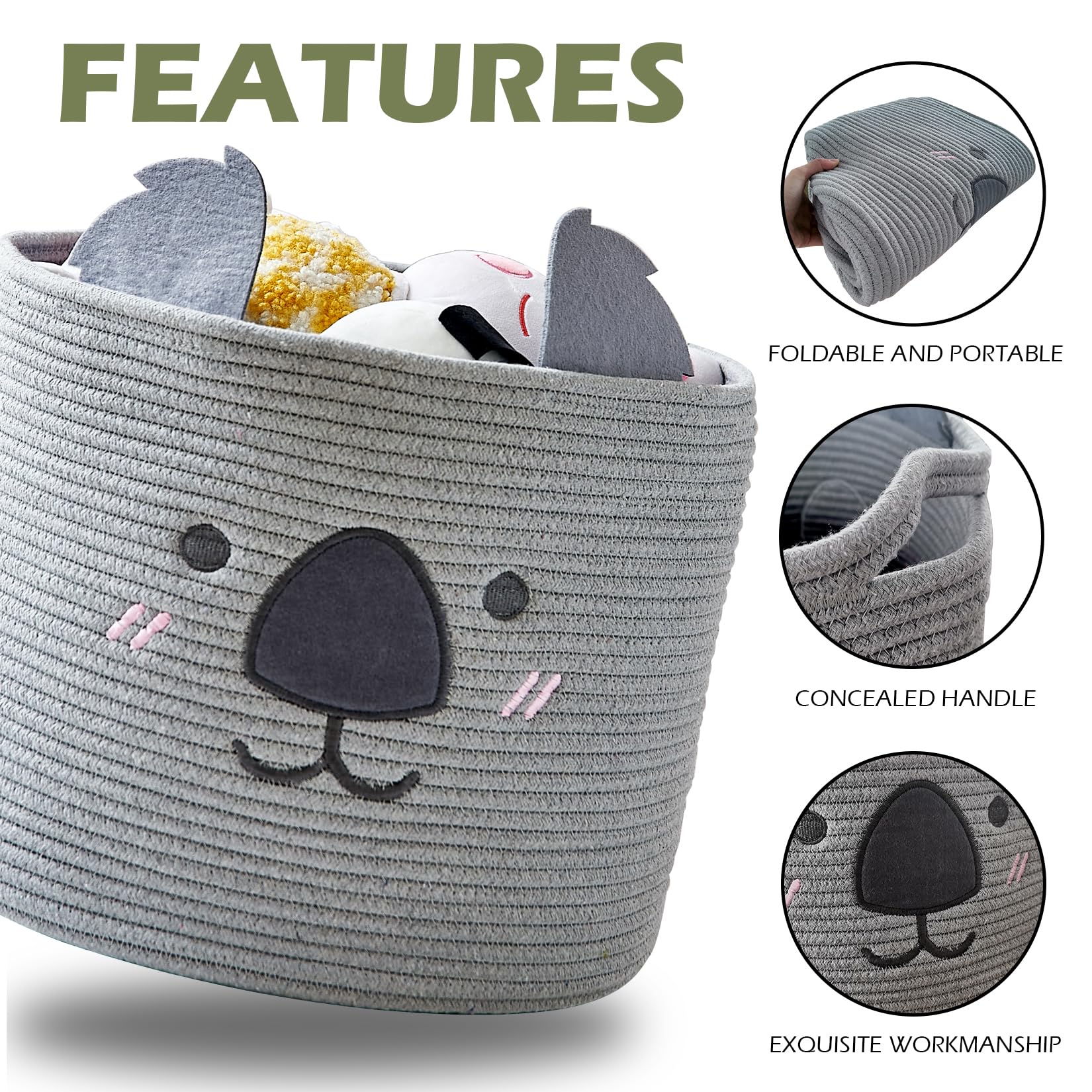 OMERAI Animal Baskets Cotton Rope Storage Basket Woven Toy Basket Large Basket for Blankets Cute Koala Basket with Handles Foldable Animal Laundry Basket Nursery Basket Organizer, 15"D x 12.6"H (Grey)