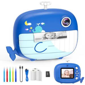 ushining kids camera instant print camera for boys girls selfie digital camera for kids aged 3-12 printing video camera for kids 1080p 2.4 inch screen with 32gb sd card,color pens,print papers(blue)